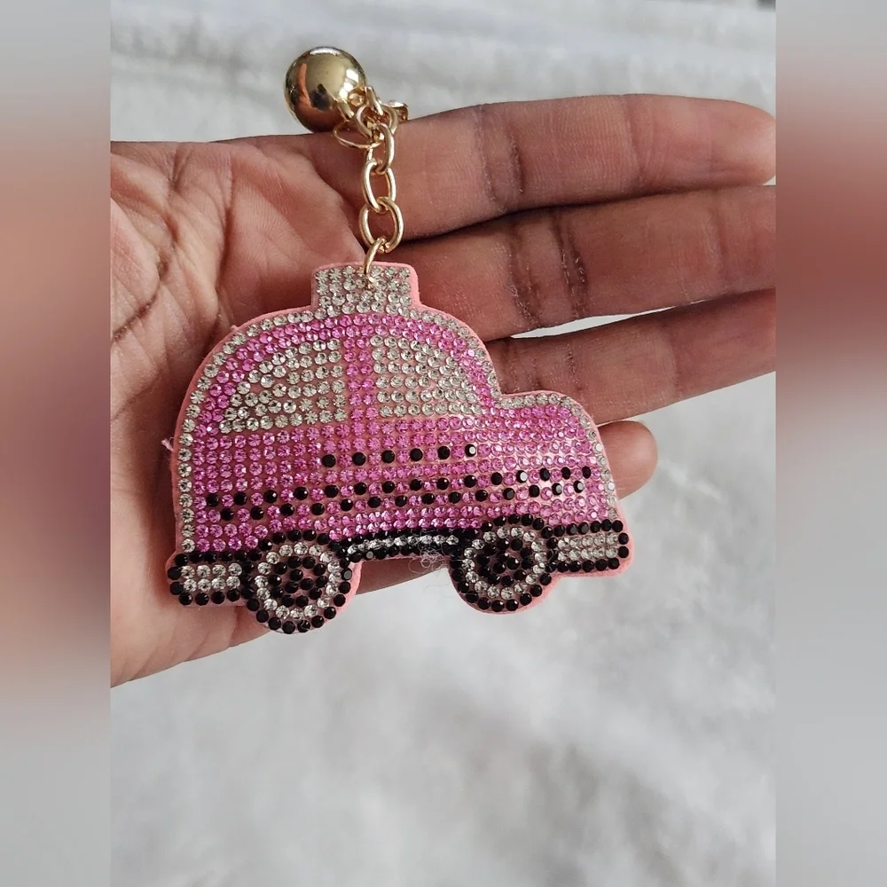 Pink Taxi Sparkling Rhinestone Car Keychain  Bag Charm